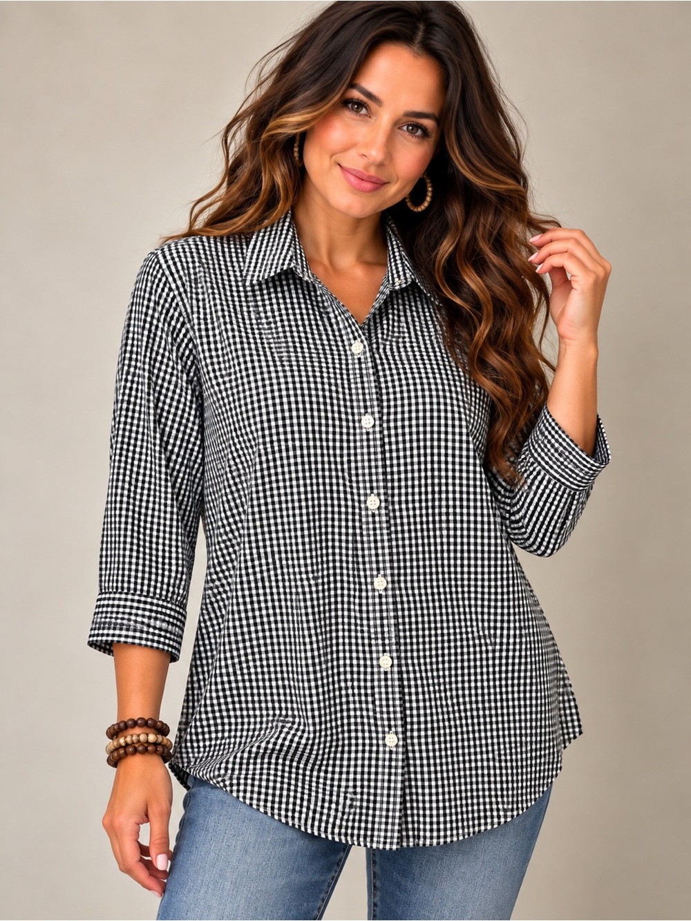 🖤✨ Denim & Co. Gingham Button-Up Shirt • Size L ✨🖤